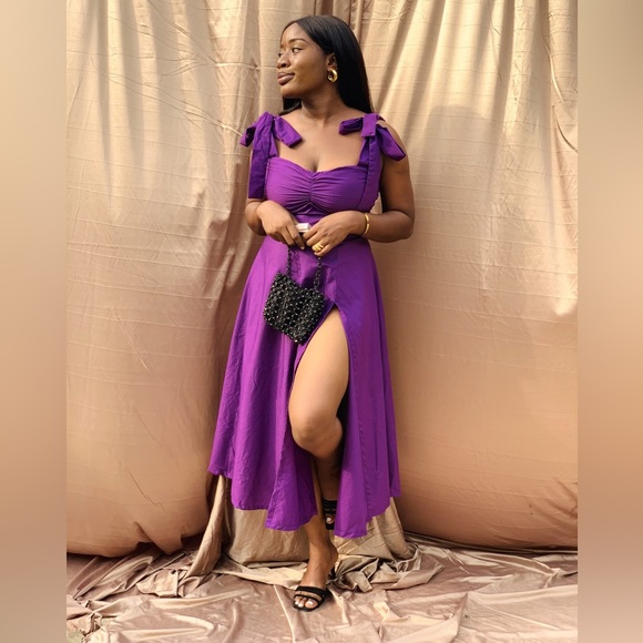 NWOT Purple Ruched Dress with Tie-Strap Sleeves & Slit - Size US16/UK18 - Picture 2 of 6